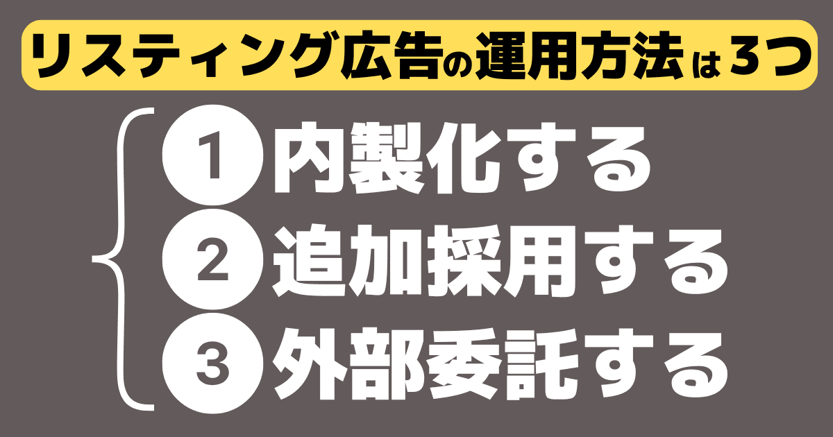 リスティング広告の運用方法の選択肢は3つ（内製化/追加採用/外部委託）