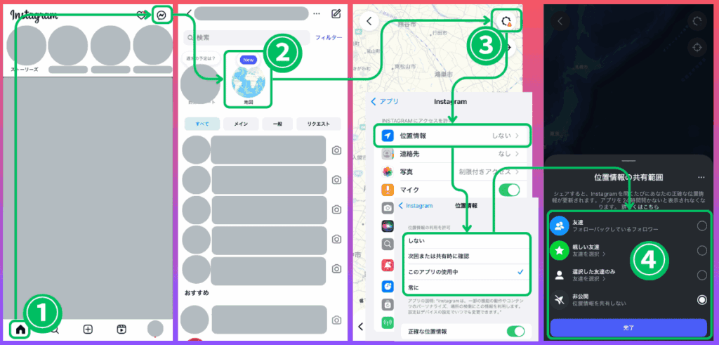 Instagramマップの使い方（DMの受信箱の画面上部からアクセス可能）