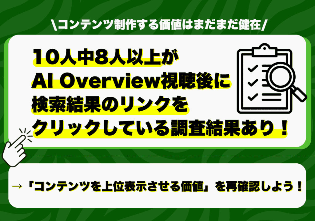 10人中8人以上がAI Overview視聴後に検索結果のリンクをクリックする調査結果から「上位表示させる価値」が再確認できる