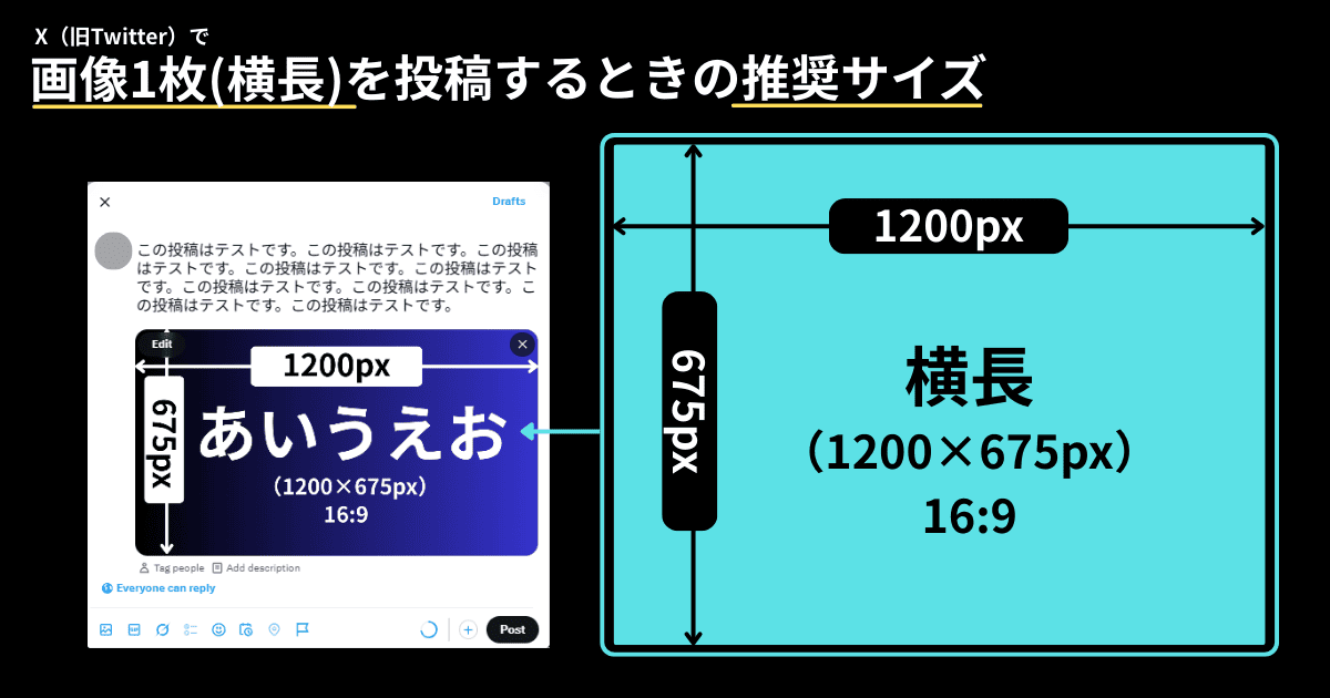 X(旧Twitter)の「画像1枚(横長)」の投稿サイズと表示のされ方