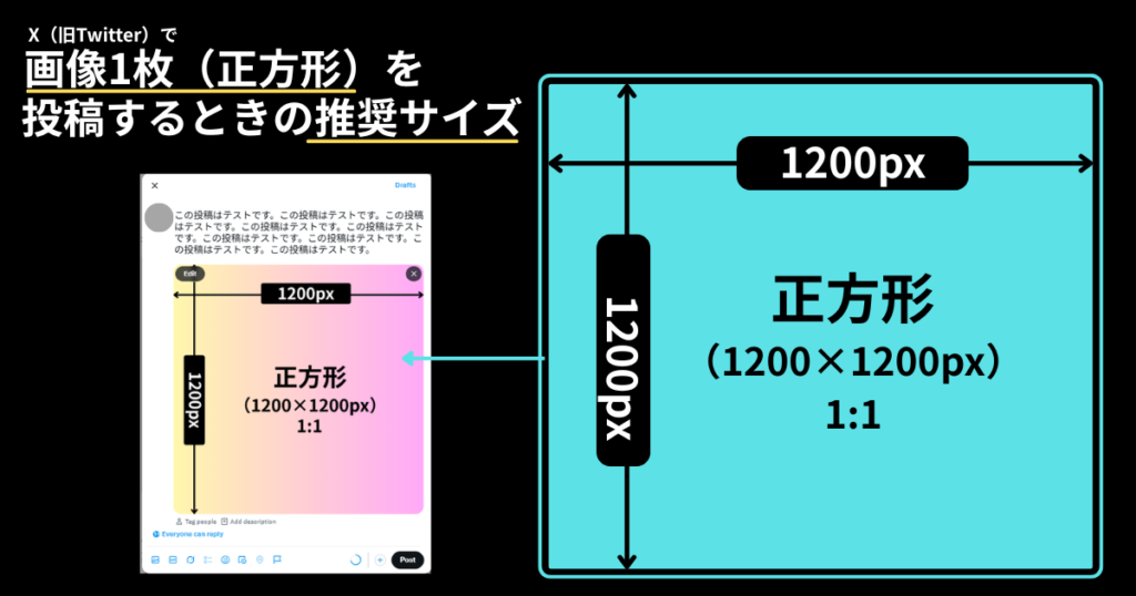 X(旧Twitter)の「画像1枚(正方形)」の投稿サイズ・表示のされ方