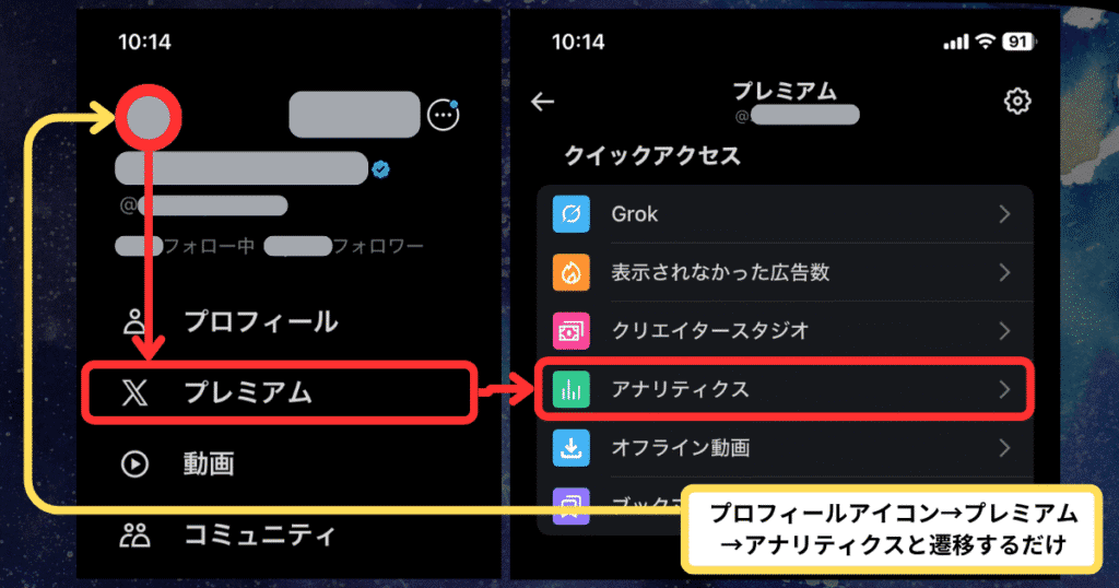 Xアナリティクスをスマホで表示する方法（メニューから表示）