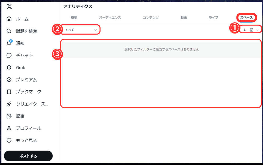 Xアナリティクスのスペースタブ