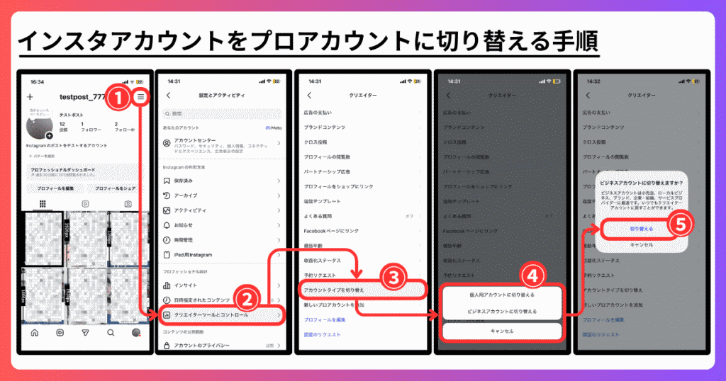 インスタの予約投稿の利用条件（プロアカウントに切り替える）