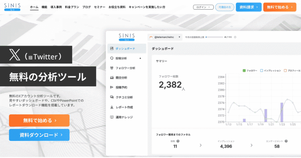 SINIS for X 公式サイト-最大5アカウントの競合分析ができるX特化分析ツール