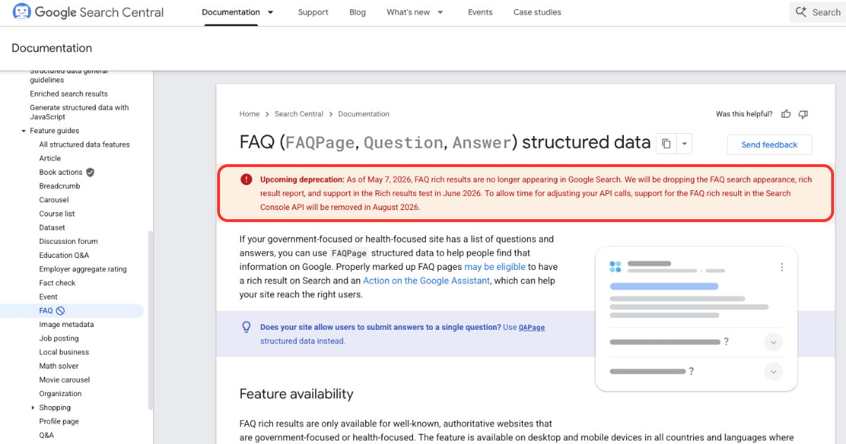 Googleが「FAQリッチリザルト」のサポートを終了を発表したGoogle検索セントラル公式ドキュメント（2026年5月7日より）