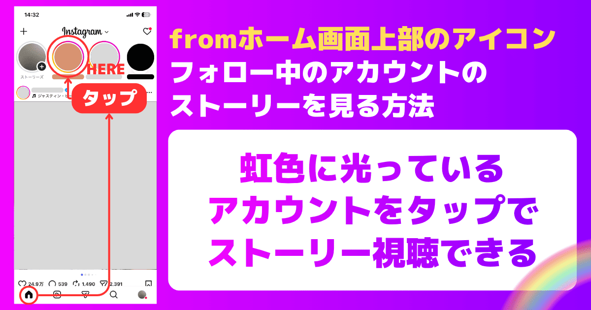 ホーム画面上部のアイコンからフォロー中のストーリーを見る方法