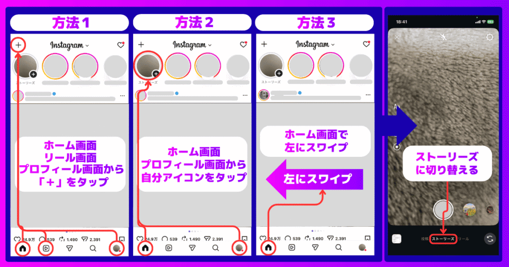 インスタのストーリーの投稿方法・上げ方(手順1：ストーリーズ作成画面を開く)